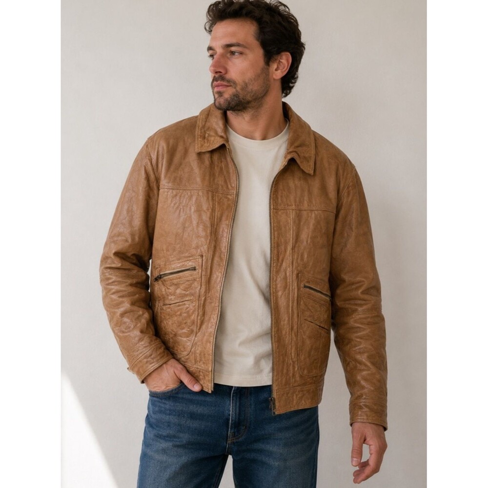 Roundtree & Yorke Mens XL Genuine Leather Jacket Brown Cognac Full Zip Vintage